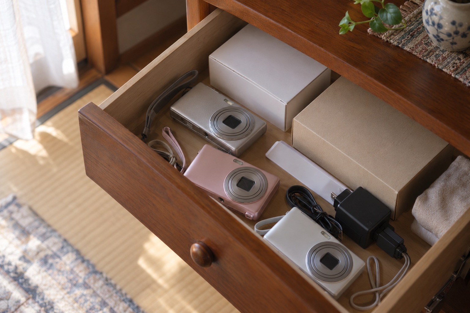 An open wooden drawer in a Japanese home with three compact digital cameras in silver, pink and white, their boxes, a charger and straps
