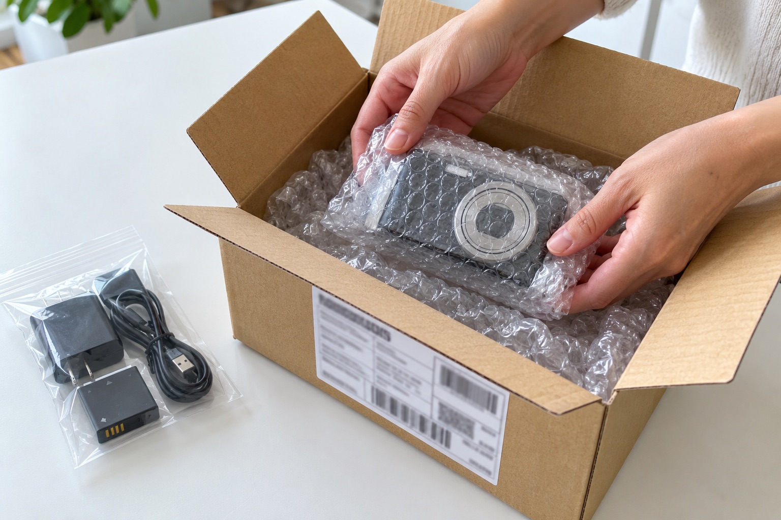Hands placing a bubble-wrapped compact camera into a plain cardboard box, with the charger and battery bagged beside it