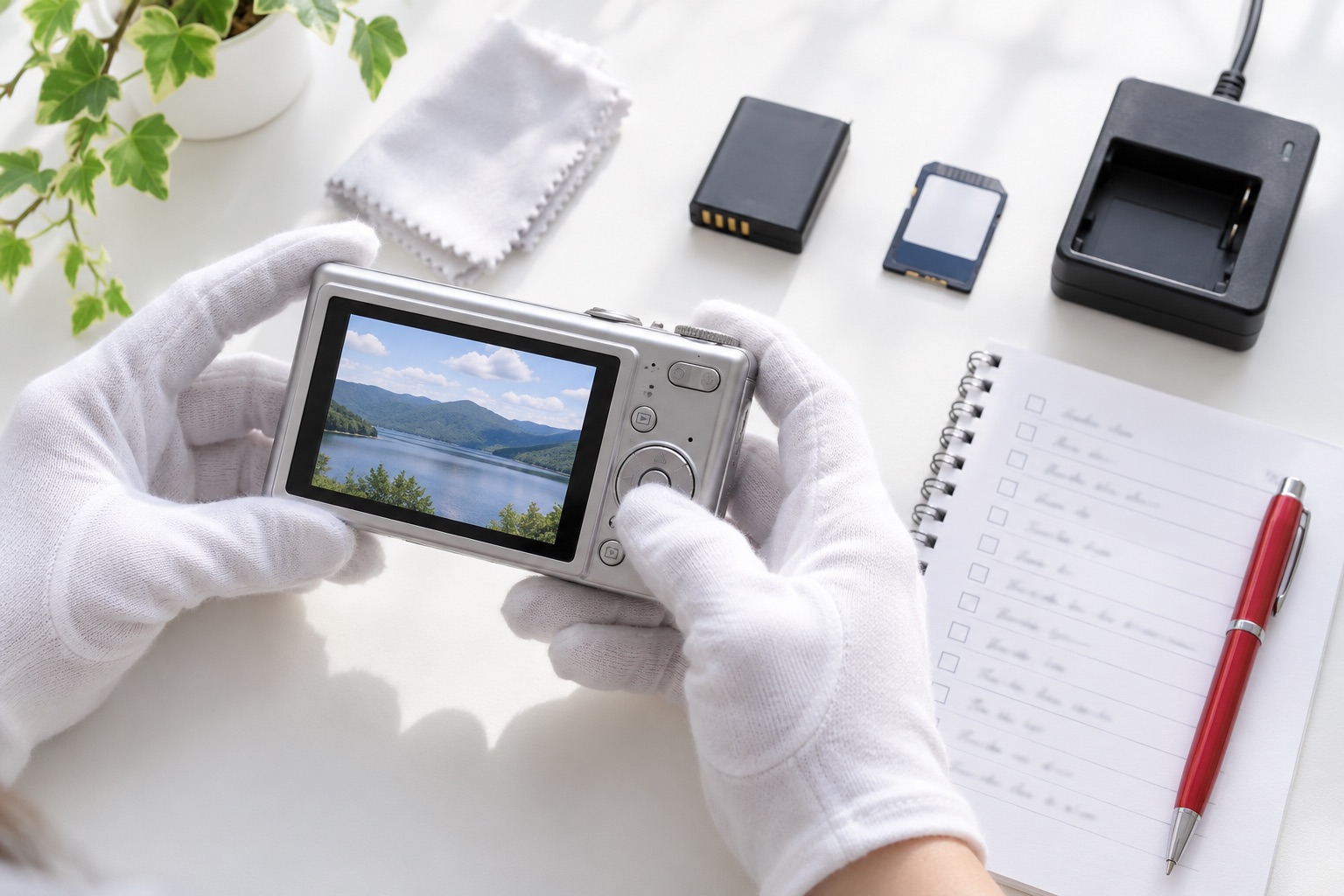 Hands in white gloves checking a compact camera's rear screen, next to a battery, SD card, charger and a checklist